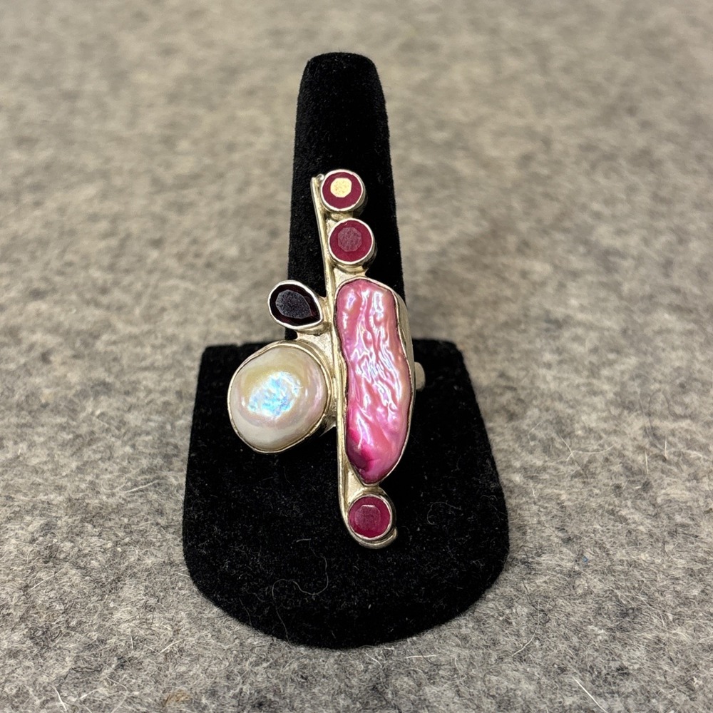 925 Sterling Silver Pink Biwa Pearl Gemstone Statemeent Ring Size 7 Artisan